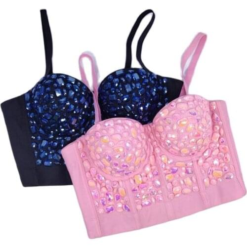 New Pink Rhinestone Bead Cropped Tops Sexy Nightclub Vest To Wear Out Women Push Up Bustier Bralette Bra Plus Size Tank Camisole