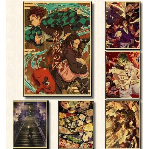 Japanese Anime Demon Slayer Poster Cartoon Wall Stickers Decor Bar Cafe Home Room Retro Collection