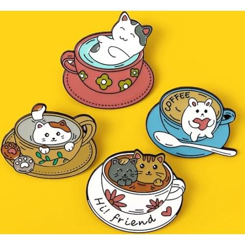 Hi friend！Custom Cute Cats Coffee Enamel Pin Brooch Bag Clothes Lapel Pin Cafe Kitten Badge Animal Jewelry Gift for Kids Friends