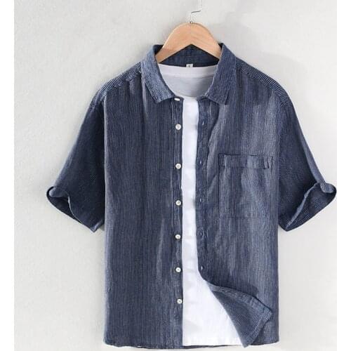 Short Sleeve Striped Shirt for Men Cotton Linen Turn-down Collar Casual Tops Male Daily Button Up Vintage Designer Clothing