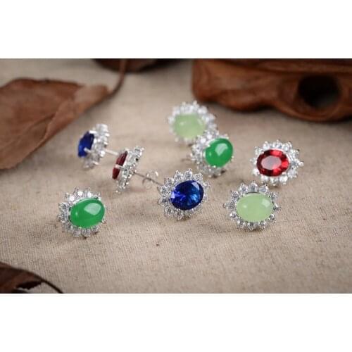 Earrings for sterling--jewelry Studs Natural Green GEM Coin 925 Marcasite Earrings valentines giftCZ Luxury Ms. girl Wedding