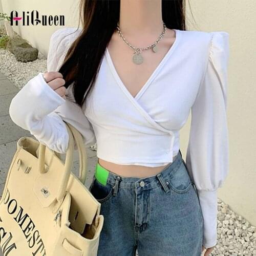 Spring Autumn Korean Ladies V-Neck Long Lantern Sleeve Sexy Short T-Shirt Women Pullover Tops Crossover Design Casual Blouses