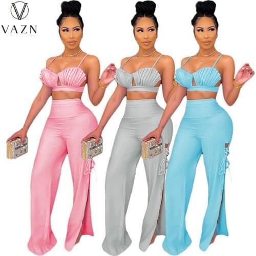 VAZN 2021 New Design Street Style Sexy Sleeveless Strapless 2 Piece Set Solid Bandage Women Top And Pant Summer