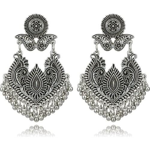 Vintage Metal Carved Flower Indian Jhumka Drop Earrings Bells Tassel Dangle Earring Gypsy Tribal boucles d oreille femme ethniqu