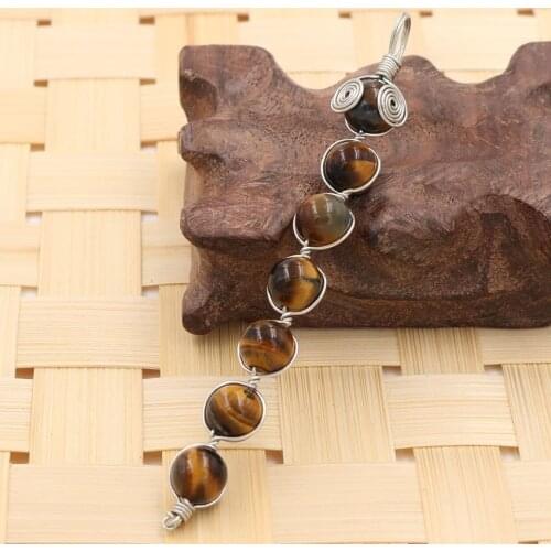 YJXP Silver Plated Wire Wrap Natural Tiger Eye Stone Round Beads Straight Line Pendant Ethnic Jewelry
