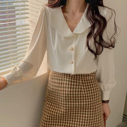 2021 Spring Chiffon Shirt Womens Long Sleeve Slim V-neck French Top Small Shirt + High Waist Plaid Skirt