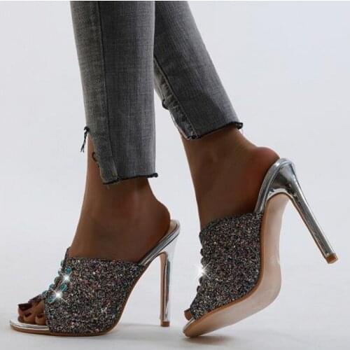 Women sandals PU Sequined Cloth Slip On 12cm Thin Heels High heels Peep Toe Bling Shallow sandal for women shoes size 35-42