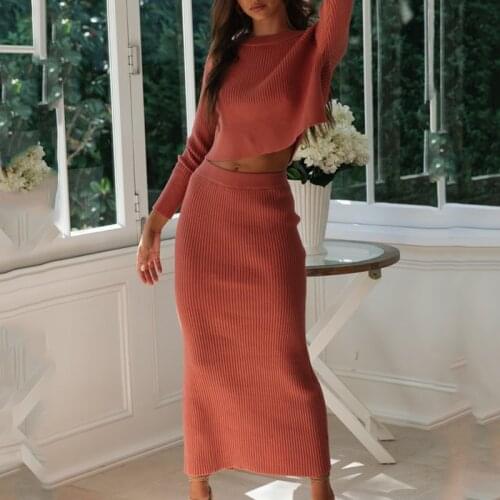 Foridol knitted dress suits women autumn winter slit dress sets long sleeve crop top knitting maxi long dress sets outfits 2020