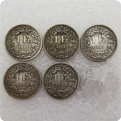 1850A,1851A,1857,1860B,1861B Switzerland 1 Francs COINS COPY