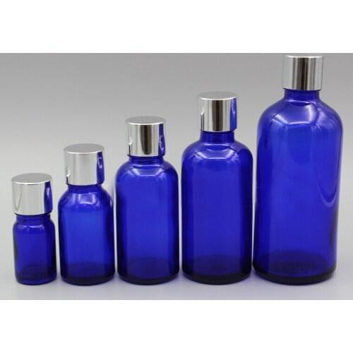 2/10pcs 5ml 10ml 15ml 20ml 30ml 50ml 100ml Blue Glass Essential Oil Bottles with Silver Aluminum Screw Cap 5 kinds of inner plug