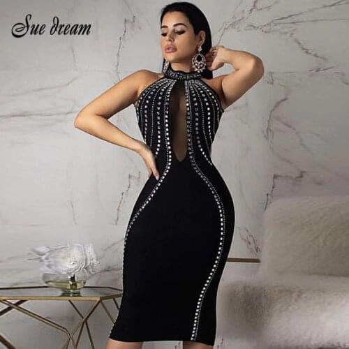 2020 Latest Perspective Womens Bandage Dress Black Artificial Mesh Beaded Sexy Tight Backless Knee Long Autumn Dress Vestido