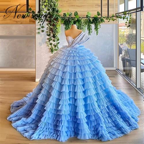 2020 Blue Ball Gown Prom Dresses Chic Beaded Evening Gown Vestidos De Festa Dubai Tiered Wedding Party Dress Arabic Abendkleider