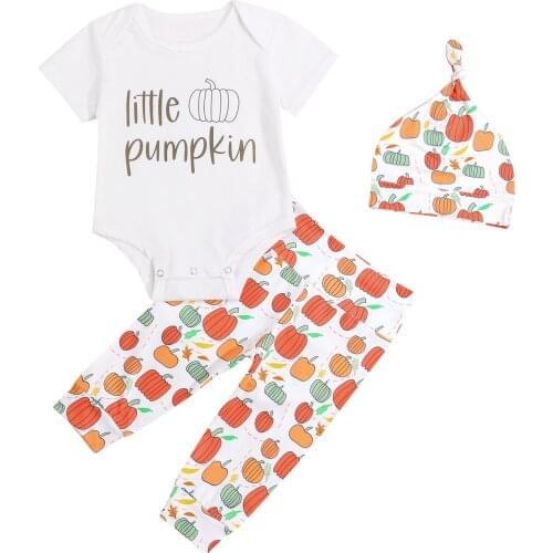 2021 0-18M Baby Pumpkin Print Clothes Set Boys Girls Halloween Letter Short Sleeve O-neck Romper+Trousers+Hat Costume 3pcs Set