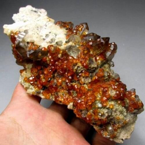 320g Spessartine Garnet+Smoky Quartz - crystals and stones healing Mineral specimen Home Decor feng shui decoration