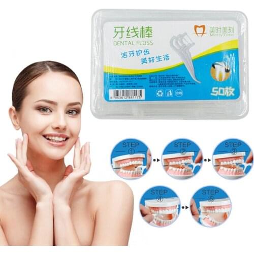 50Pcs/Box Disposable Superfine Floss Picks Stick Portable Case Bow-Shaped Tooth Cleaner Toothpick Oral Hygiene Tool
