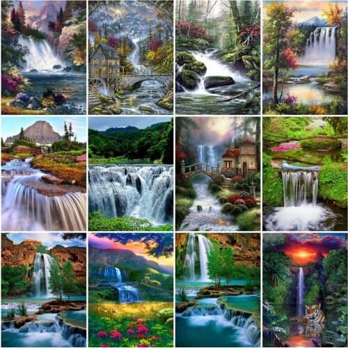 HUACAN Full Square/Round Drill Diamond Painting Waterfall Diamond Embroidery Spring Landscape Handmade Gift