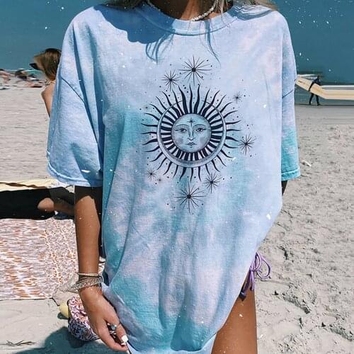 Aesthetic Female T-shirt Summer Clothes Sun Moon Print T-shirt Casual Short Sleeve Streetwear Tops Women T Shirt Harajuku #T1G