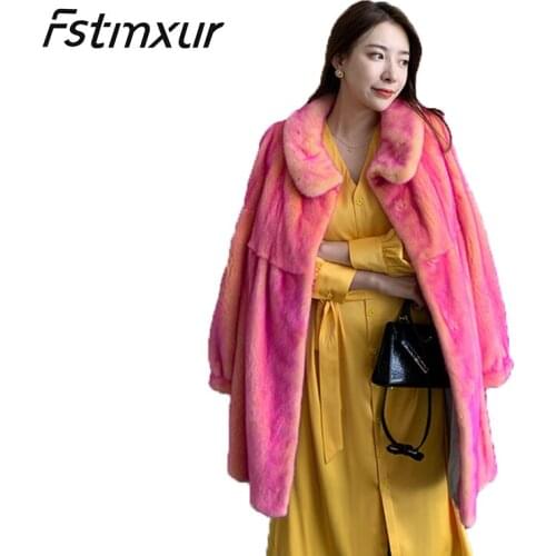 Fstmxur 2021 Autumn Winter Fashion Simple Style Velvet Mink Coat Women Whole Mink Medium Long Mink Fur Coat Women