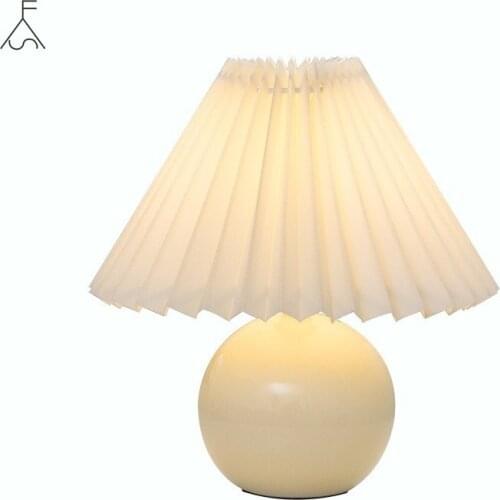 Korean Pleated Table Lamp Ins DIY Ceramic Table Lamps for Living Room Home Decor Cute Lamp with Tricolor Led Bulb Beside Lamp