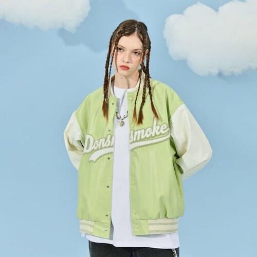 Bomber Jacket Women Baseball Uniform American Casual Green Embroidered Unisex Autumn Coat Classic Streetwear Vintage Clothing
