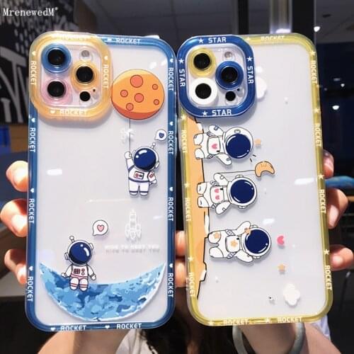 Cute Astronaut Silicone Protection Case For iPhone 11 12 Pro X Xr Xs Max 12 Mini SE2 7 8 Plus Soft Spaceship Rocket Bumper Cover
