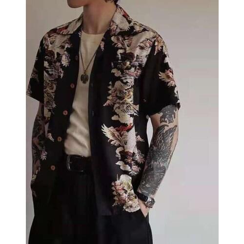 Vintage Dragon Printed Short Sleeve Shirts For Men Casual Loose Cardigan Tops Summer Fashion Mens Button Turn-Down Collar Shirts