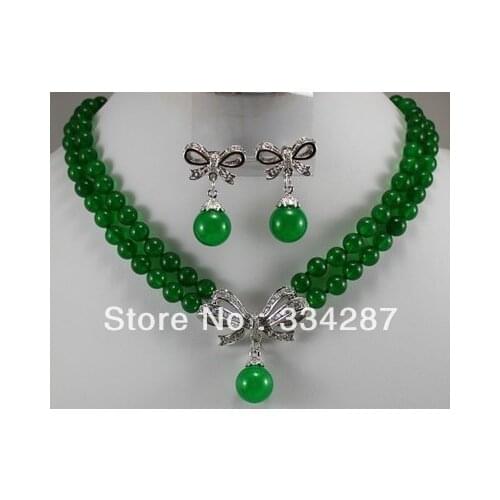 Charming 2Strds 8mm Green jades Necklace Earring set