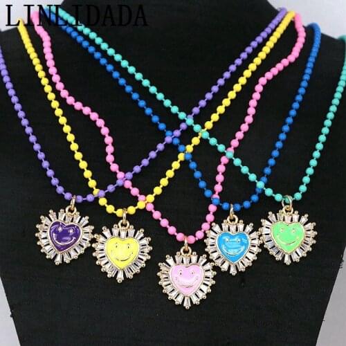 5Pcs Bead Chain Necklace Gold Plated Crystal Zircon Enamel Neon Smiley Happy Face Necklace Pendant For Women Jewelry