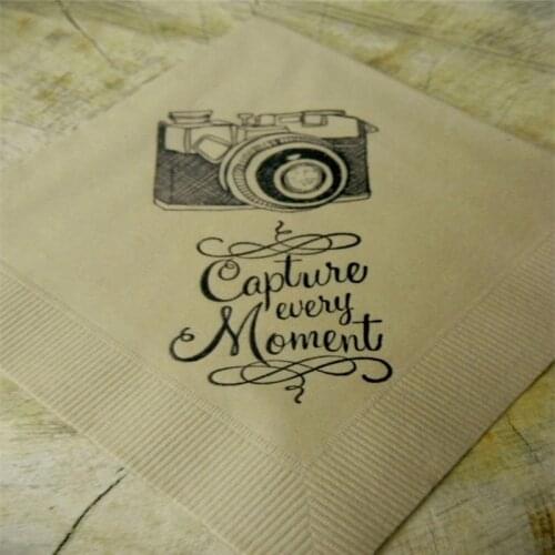 Personalized Wedding Cocktail Napkins Retro Camera Capture Every Moment Light Burlap Custom Wedding Cocktail Napkins - Set of 50