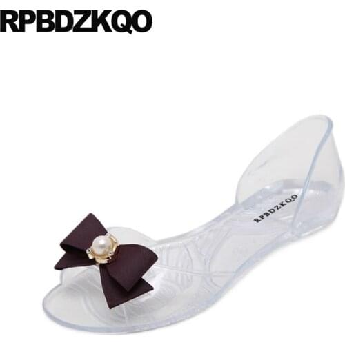 Pvc Slip On Pearl Women Sandals Flat Summer 2018 Wide Fit Beach Open Toe Bow Transparent Bowtie Kawaii Shoes Jelly Plastic Cute