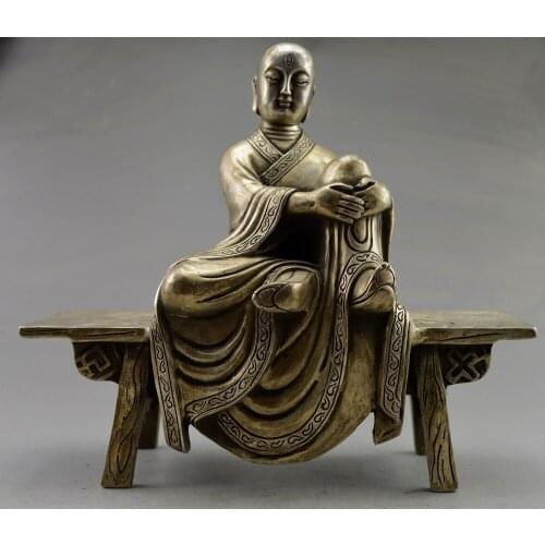 Elaborate Chinese Collectible Decorated Old Handwork Tibetan Silver Buddha Sitting on Bench Statue sculpture