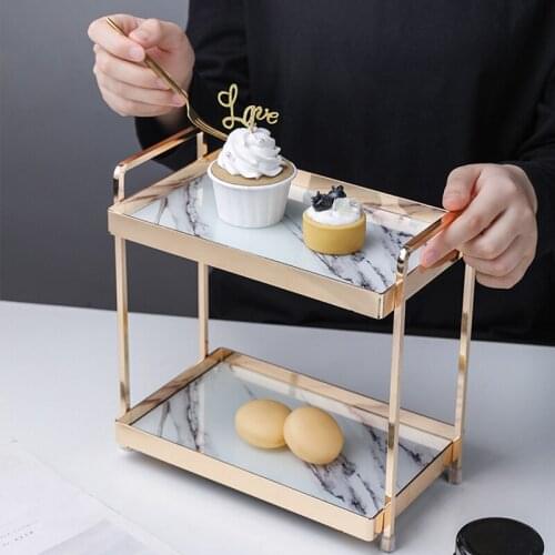 Luxury Tempered Glass Marble Double-layer Cosmetic Storage Rack Modern Home Bathroom Metal Jewelry Teacup Bathroom Supplies Rack