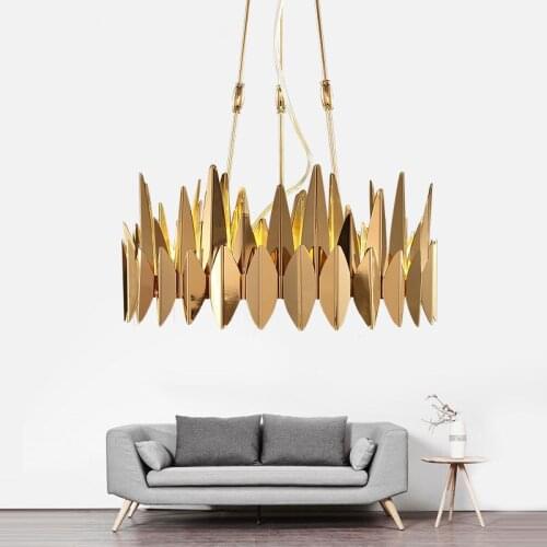 Luxury Plate Gold Leaf Shape Metal Lustre Circle Led Pendant Lights Adjustable Rod Hanging Lamp Living Room Lighting Fixtures