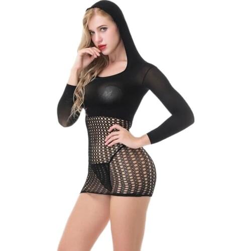 Sexy Lingerie Fantasy See Through Hooded Long Sleeve Bodycon Crochet Fishnet Nylon Hood Bodystocking Mini Dress Bodysuit