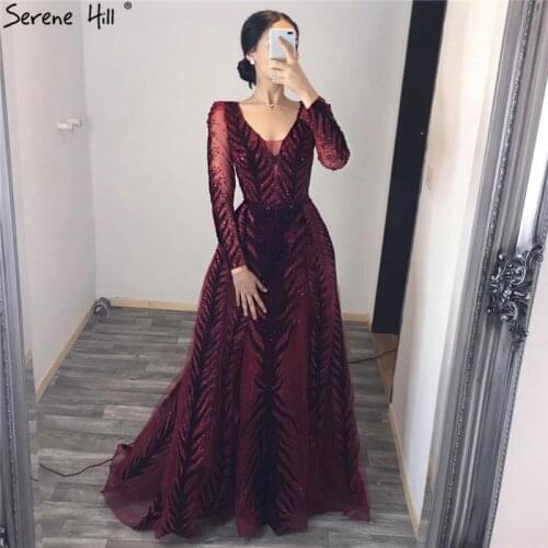 Serene Hill Burgundy Velvet Evening Dress V-Neck Long Sleeves Luxury Beading Formal Party Gown 2020 Design CLA60903