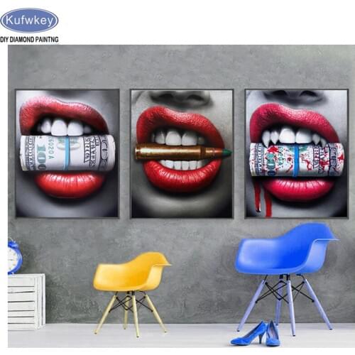 Lips Bite Bullet and Money Modern Embroidery,5D,Diamond Painting Cross Stitch,3D,Diamond Mosaic,Needlework,Crafts,Triptych