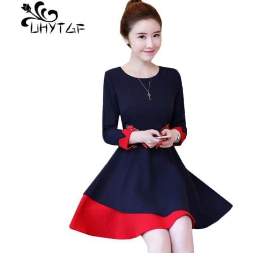 UHYTGF New Autumn dresses for womens Fashion embroidery Slim party dress splice Ruffle Elegant dress O Neck plus size dress 1317