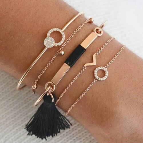 Modyle Vintage Crystal Heart Chain Gold Beads Bracelets Women Bohemian Adjustable Geometric Bangle Set Jewelry