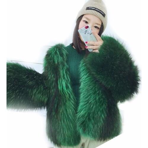 Woman Raccoon Fur Jacket 2018 New Real Fur Coat Green Color 2018