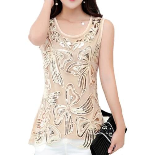 Plus Size Lace Tank Tops Summer Office Lady Sleeveless Embroidery Lace Sequins Vest Women Brand Design Large Chiffon Tank Tops