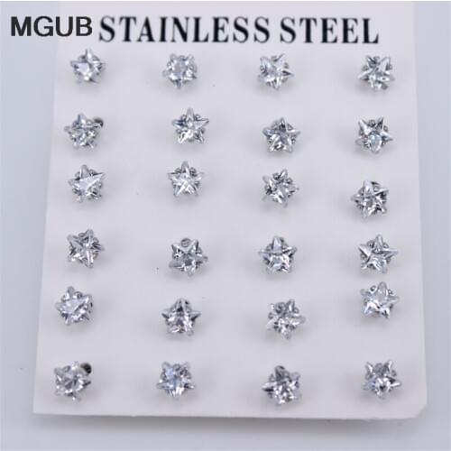Diameter 5-6mm Clear Cubic Zirconia Silver Color Stud Earrings for Women Wedding Party Stainless Steel Jewelry 12 pairs/set ZN23