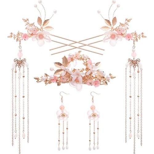 Women Girls Chinese Hanfu Dress Jewelry Sets Antique Tassel Floral Hairpins Earrings Hair Forks Headpieces Accessories