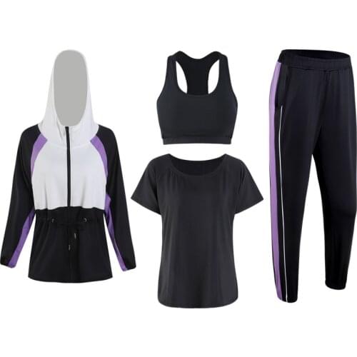 Fitness Women Yoga Set 4 in 1 Set Yoga Bra Black Sport Pants Solid Patchwork Hoodie Gym Clothes Sport Wear Running Outdoor Jog