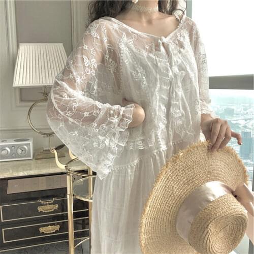 2020 summer Lace cardigan shirts women casual outdoor thin coats sun-proof clothing loose plus size chiffon shirts V-neck