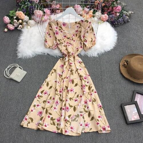 2021 New Summer Women Retro All-match square collar puff sleeve Dress waist slim floral print Dress