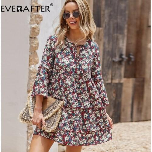 EVERAFTER Holiday V-neck A-line Floral Print Women Dress Autumn Elegant Loose Lace-up Ruffles Midi Dress Female Vestidos 2021