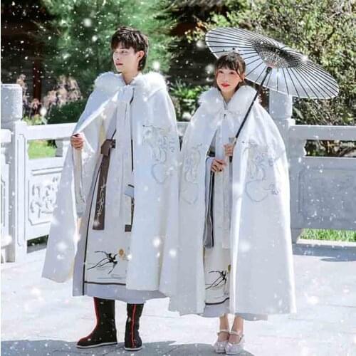 Winter Warm White Cloak For Men&Women Chinese Traditional Embroidery Hanfu Thick Cape Cosplay Costume Hanfu Cloak For Couples