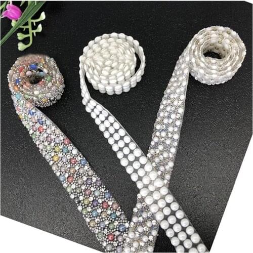 1Yard Pearl Rhinestone Back Adhesive Chain Lace Ribbon Clothing Bags Decoration Accessories DIY Crafts Supplies