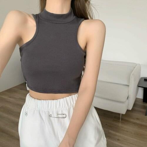 2021 Turtleneck Crop Top Knitted Women Gray Casual Summer Basic T Shirts Y2K Sexy Off Shoulder Black Sleeveless Tank Tops White
