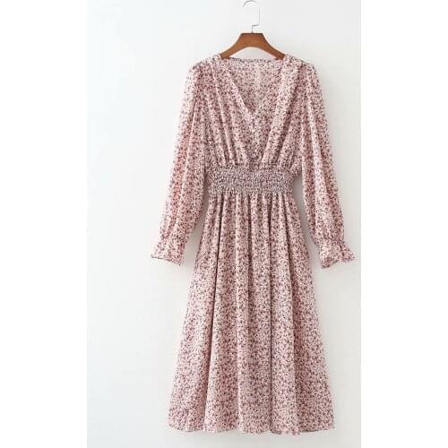 2021 Vintage Women Floral Printed Dress V-Neck Long Sleeves Elastic Waist Casual Midi Dresses Woman Robe